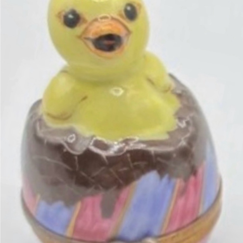 Limoges Yellow Chick Egg Trinket Box with Multicolor Band - Picture 6 of 6